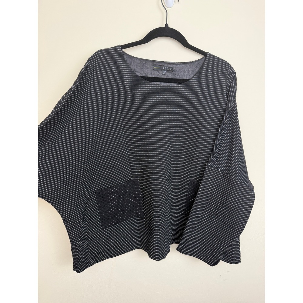 Kozan Top XL Black Gray Striped Dolman Sleeve Pocket Lagenlook Artsy